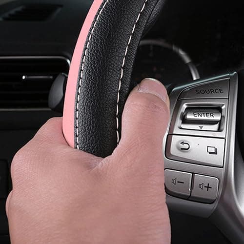 Leather Car Steering Wheel Cover, Non-Slip Car Wheel Cover Protector Breathable Microfiber Leather Universal Fit for Most Cars(Pink) thumbnail 4