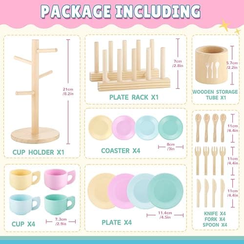 GAGAKU Kids Wooden Play Dishes Set -27Pcs Montessori Play Kitchen Accessories Plates and Bowls Set, Storage Stand & Play Food, Pretend Cooking Toys for Ages 3-5, Educational Gift for Toddler thumbnail 6