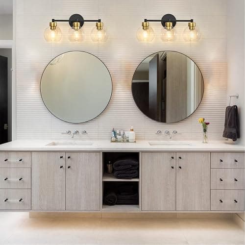 diniluse Black and Gold Bathroom Light Fixtures, 3 Lights Bathroom Vanity Light Round,Vanity Lights with Clear Globe Glass Shades, Wall Sconce for Mirror, Bedroom, Living Room, Kitchen - Gold - 3-Light thumbnail 6