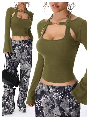 SOLY HUX Women's Long Sleeve Shirts Y2k Crop Tops Halter Neck Fitted T-Shirt Going Out Tees thumbnail 5