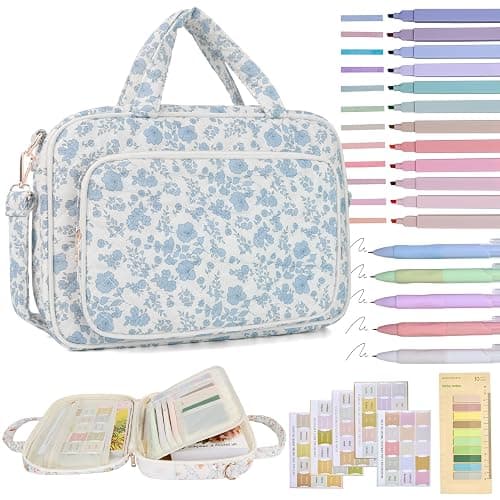 Bible Cover Case for Women Bible Study Supplies Church Camp Essentials Christian Gifts for Women Journaling Kit Quilted Large Bible Book Sleeve (Blue Flower, Large) - Image 1