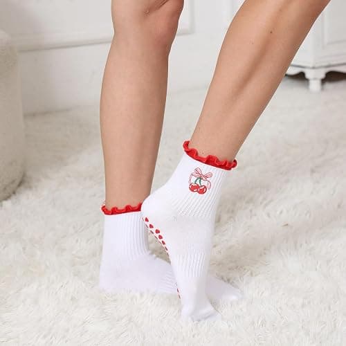 Puedizux Women Cute Pilates Socks Grip Crew Yoga Socks Ruffle Cuff Embroidery Pattern Workout Ballet Socks thumbnail 4