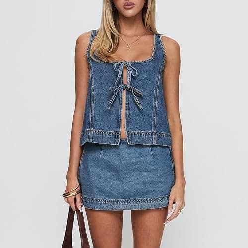 Cjfdfy Women’s Tie Front Denim Jean Vest Top and Mini Skirt 2-Piece Set Summer Trendy Going Out Outfits Clothes 2025 thumbnail 2