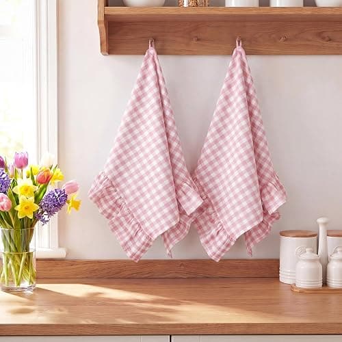 HunnmingRe Light Pink Kitchen Towels Set of 2, 100% Cotton Ruffled Gingham Dish Towels 18"x28" Absorbent Tea Cloths Classic Plaid Pattern for Farmhouse Charm, Drying Dishes, Entertaining Guests thumbnail 5