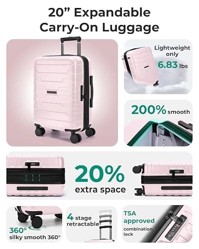 BAGSMART Carry On Luggage 22x14x9 Airline Approved with Spinner Wheels,Lightweight 20 Inch Luggage with TSA Lock,Expandable Hard Shell Carry On Suitcases for Men Women,Pink thumbnail 3