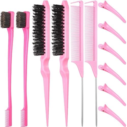 Remerry 12 Pcs Hair Brush Set Rat Tail Comb Edge Teasing, Pink | Nylon Bristle Teasing for Volume, Metal Tail Parting Comb for Sectioning, Dual Sided Edge Smoothing, 6 Duckbill Clips - Image 1