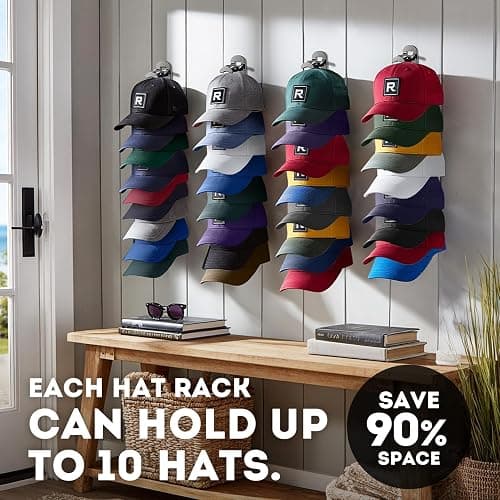 Hat Hook for Wall, 2 Pack Hat Organizer Hold up to 20 Hats,Hat Holder with Strong Adhesive and 8 Pack Screws, Cap Holder Hat Hangers for Wall Closet Door and Bedroom(B-Black) thumbnail 6