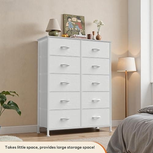Sweetcrispy 10 Drawer Fabric Dresser Storage Tower with Bins, Tall Chest Organizer for Bedroom Closet Hallway, Steel Frame Wood Top Easy Pull Handles,White thumbnail 5