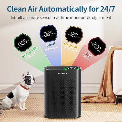 Powerful Air Purifiers for Home Large Room Up to 2400 Ft², ECOSELF HEPA Air Purifier with PM 2.5 Air Quality Display 20dB Sleep Mode, Air Purifiers for Bedroom Office Living Room HAP602 Black thumbnail 2