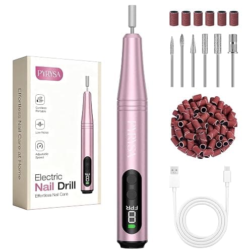 PYRYSA Cordless Electric Nail Drill File, Professional Nail Drill Machine for Acrylic Gel Dip Powder Polish, LED Display, Rechargeable Portable Manicure Pedicure Kit for Beginners Home & Salon, Pink - Image 1