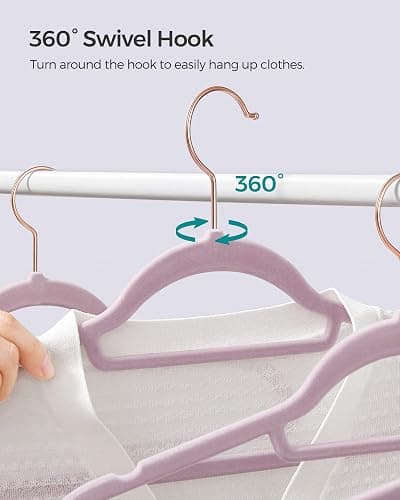 SONGMICS Velvet Hangers, Set of 50 Clothes Hanger with Rose Gold Swivel Hook, Non-Slip, and Space-Saving, 0.2-Inch Thick, 17.1-Inch Long for Coat, Shirt, Dress, Pants, Tie, Lavender Purple UCRF021GP50 thumbnail 7