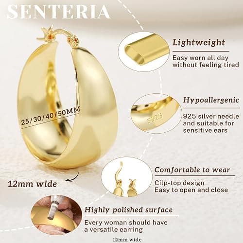 12mm Wide Thick Hoop Earrings 925 Sterling Silver Hoop Earrings for Women Hypoallergenic 14K Real Gold Plated Hoop Large Earring Lightweight Chunky Hoop Earrings for Women 25/30/40/50MM thumbnail 3