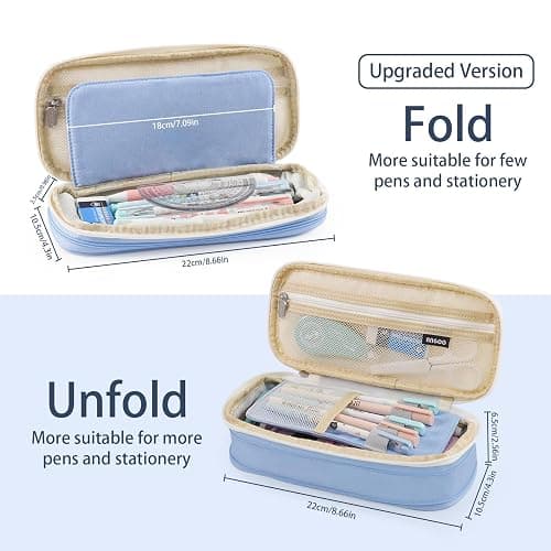 Koncci Large Pencil Case, Expandable Special Pencil Bag Double Zipper Blue | Stationery Storage Organizer Multiple Compartments Aesthetic Cute Pencil Pouch for School Office Kids Students thumbnail 2