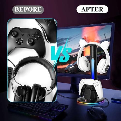 JDGPOKOO PS5 Controller Charging Station with RGB Headphone Stand, PS5 Controller Charger Holder with 2 USB Port, Headset Stand for PlayStation 5 & DualSense Edge Controllers Charging Dock thumbnail 5