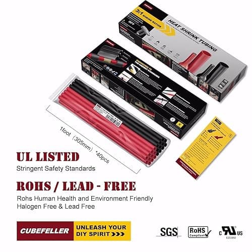 CUBEFELLER® 3/32 Inch (2.4mm) 40 Ft Waterproof Heat Shrink Tubing Kit,UL Listed,3:1 Marine Grade Adhesive Lined Heatshrink Tube,Insulation Sealing Oil-Proof,20 ft Black & 20 ft Red,ET4024BR - 2.4mm (3/32") - 40ft - Red & Black - 1 thumbnail 3