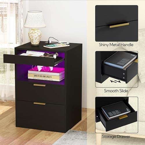 Yusong Night Stand, Bedside Table, LED Nightstand with Charging Station, Modern Night Stand, Wood Sofa Couch End Side Table with 2 Pull-Out Shelf (Black) thumbnail 7
