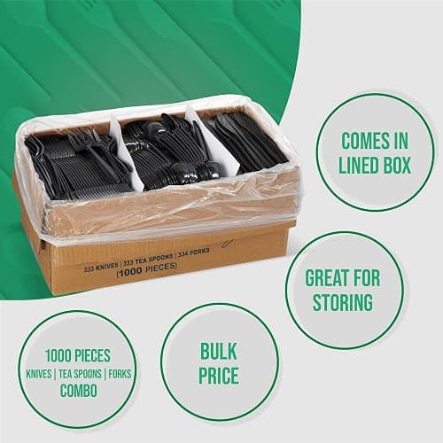1,000 Plastic Disposable Cutlery Bulk Variety Pack Black Medium Weight Includes 334 forks, 333 knives, 333 soup spoons, Disposable Silverware Plastic Cutlery thumbnail 5