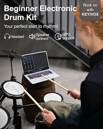KEYIVOX Electric Drum Set - Silent Electronic Drum Set Adult, Drum Kit for Beginners with 4 Mesh Drum Pads, 150 Sounds, 30 Songs, 15 Kits, USB MIDI, Headphones, Throne, Sticks, Pedals, MT20C, Black thumbnail 2