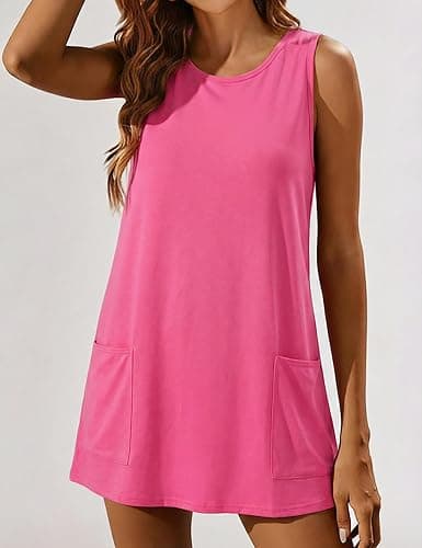Athlisan Womens Sleeveless Tennis Workout Summer Crewneck Mini Romper Dress with Pockets Athletic Mini Dress Built in Shorts thumbnail 5