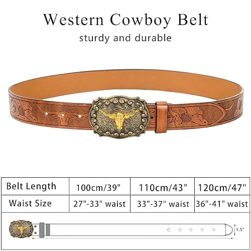 Eohak Mens-Western-Cowboy-Belt - Longhorn-Bull-Pattern-Buckle-Belt Floral-Engraved-Buckle-Belt Fit 25" to 38" Waist thumbnail 3