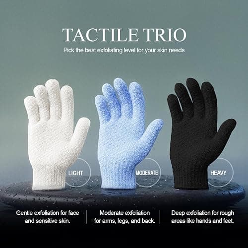 Evridwear Exfoliating Dual Texture Bath Gloves for Shower, Spa, Massage and Body Scrubs, Dead Skin Cell Remover, Gloves with Hanging Loop (1 Pair Black Heavy Glove) thumbnail 5