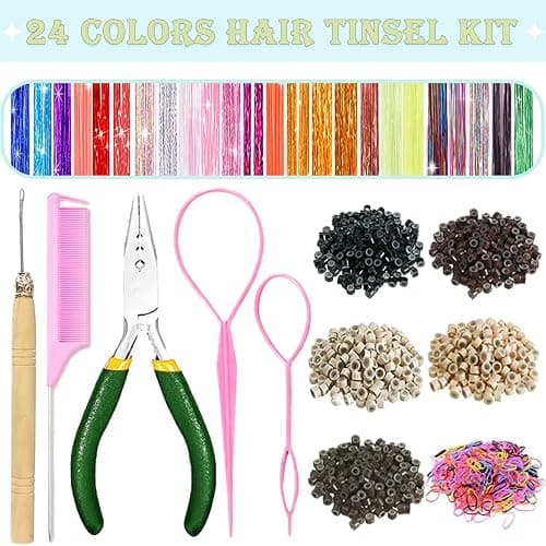 Hair Tinsel,24 Colors Hair Tinsel Kit for Girls 9600 Strands Fairy Tinsel Hair Extensions Holographic Hair Tinsel Heat Resistant Colored Hair Glitter Christmas Party Festival (24 Colors) thumbnail 2
