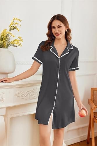 Ekouaer Nightgowns for Women Button Down Sleepshirt Short Sleeve Night Gowns Boyfriend Nightshirt Soft Sleepwear S-XXXL thumbnail 2