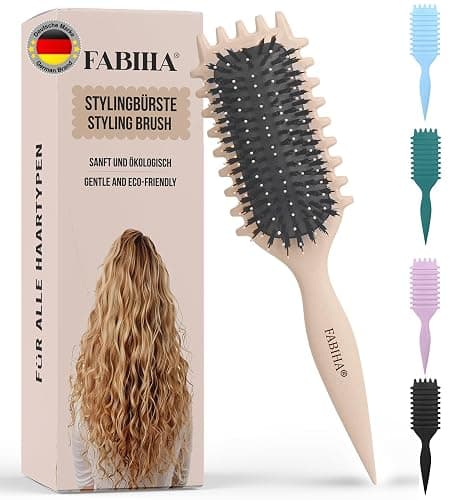 FABIHA® 𝐏𝐑𝐄𝐌𝐈𝐔𝐌 Lockenbürste - Curly Hair Brush - Bio Haarbürste ohne ziepen - Wildschweinborsten Bürste - Die Originale 3-in-1-Stylingbürste für trendige Lockenfrisuren (Beige) - Image 1