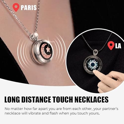 TOTWOO Long Distance Touch Necklace| Vibration & Light Up Smart Necklace for Long Distance Relationship Gifts (Black Rose Gold) Couples Necklace with Natural Agate Gift for Her and Him - Black&Silver thumbnail 2