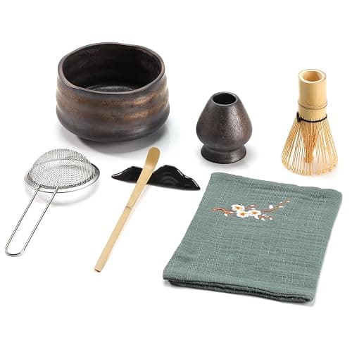 Mycketop Ensemble de 7 pièces à matcha de qualité supérieure avec bol en céramique, chases en bambou, passoire à matcha, cuillère à café, serviette à thé, 2 supports – Kit complet pour cadeau de - Image 1