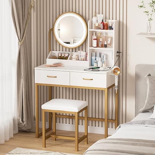 Vabches Makeup Vanity with Round Mirror and Lights, White Vanity Makeup Table with Charging Station, Small Vanity Table for Bedroom, 3 Lighting Modes, 31.5in(L) thumbnail 7