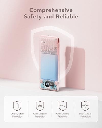 VRURC 10000mAh Portable Charger with Built-in Cables and AC Wall Plug Ultra Slim Power Bank USB C Phone Charger 5 Output 2 Input External Battery Pack LED Display Compatible with All mobilephone-Pink thumbnail 5