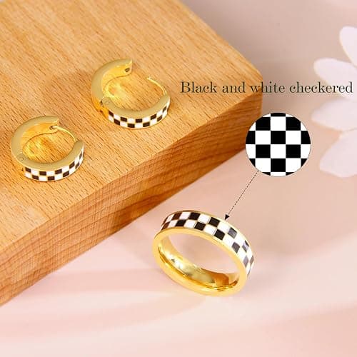 Checkered Jewelry Set for Women - 18K Gold Plated Stainless Steel Checkerboard Ring & Black and White Checkered Hypoallergenic Chunky Huggie Hoop Earring, Gift-Ready Packaging for Mother's Day Valentine's Day thumbnail 4