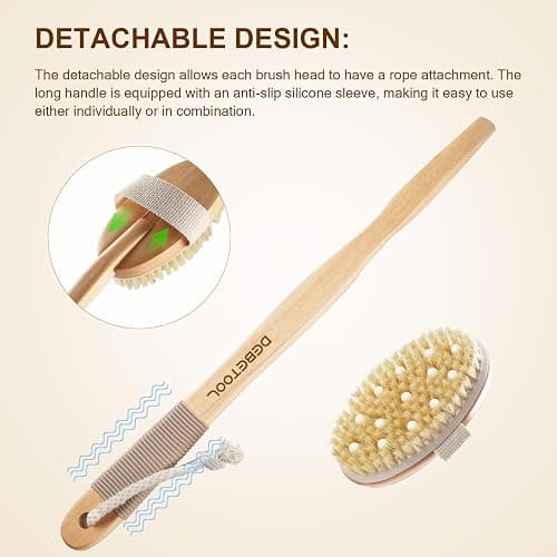 DEBETOOL Dry Brushing Set - Natural Boar Bristle Body & Face Brush, Wooden Long Handle Scrub Brush for Cellulite & Lymphatic Drainage Body Care, Detachable, 3 Brush Heads thumbnail 5