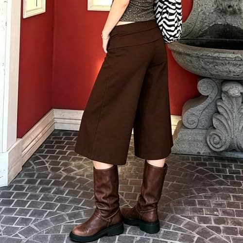 Women Fold Over Gaucho Pants Y2k Wide Leg Low Rise Cropped Lounge Capris thumbnail 2