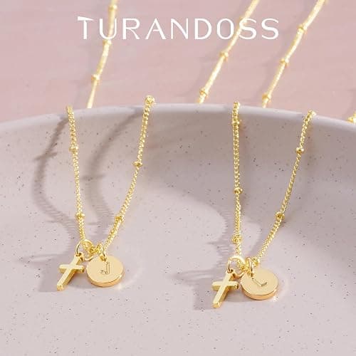 Turandoss Cross Initial Necklaces for Women Teen Girls, Dainty 14K Gold Plated Disc Initial A-Z Cross Pendant Necklace Trendy Faith Jewelry Birthday Valentines Easter Gifts for Women Girls thumbnail 6