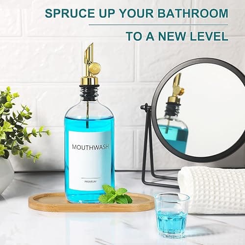 TOLDATLI Mouthwash Dispenser for Bathroom, Glass Mouthwash Dispenser with Cup, Mouth Wash Container Bottle with Cup, Refillable Mouthwash Decanter, Clear, 1 Pack, 17oz, with Wooden Tray thumbnail 7