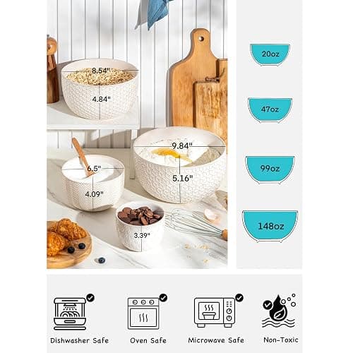 MIKIGEY Ceramic Mixing Bowls, Embossed Nesting Bowls Set of 4, Mixing Bowl Set for Serving, Baking, Cooking and Gift, Microwave and Dishwasher Safe, 20/47/99/148 oz, Off-White thumbnail 4