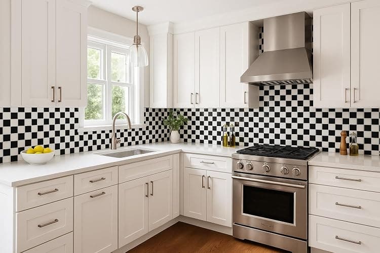 Tenedos Square Black and White Checker Board Porcelain Mosaic Wall Floor Tile Backsplash Shiny Look for Kitchen, Bathroom Shower, Accent Decor, Fireplace thumbnail 2