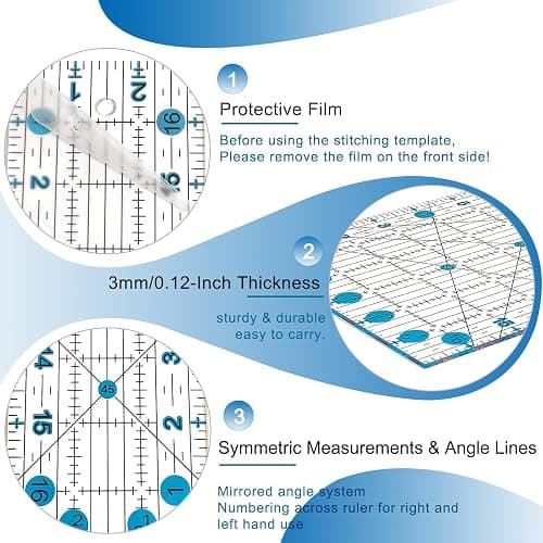 HLZC Quilting Ruler, Sewing Ruler, 8 Pack, Acrylic Quilting Templates(6"x17", 3"x17", 2"x16", 1.5"x12", 1"x12", 1"x6", 8"x3"), Non Slip Rings 25 Pieces, Sewing and Quilting Supplies - Clear/Blue thumbnail 3