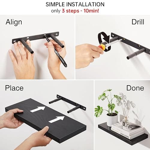 BAYKA Floating Shelves for Wall, Wall Mounted Rustic Wood Shelves for Bathroom, Bedroom, Living Room, Kitchen, Hanging Shelf for Books/Storage/Room Decor with 22lbs Capacity (Black, Set of 3, 15.7in) thumbnail 9