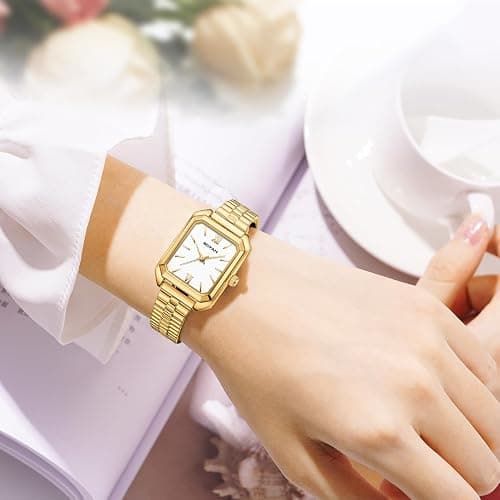 BOFAN Square Small Gold Watches for Women Easy Read Ladies Quartz Wrist Watch with Stainless Steel Expansion Band,Water Resistant. thumbnail 5