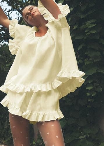 Xfileen Women Ruffle 2 Piece Set Short Sleeve Top and Shorts Set Cotton Pjs | ruffle pajams set, summer cotton set,soft,lightweight,breathable,cute 2 piece shorts sets thumbnail 5