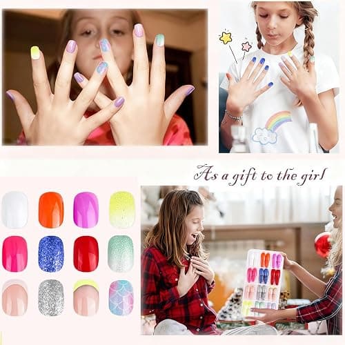 Jsiallye 288Pcs Press On Nails For Girls,12 Colors Kid Fake Nail Kit Short Press on Nails For Kids,Stick On Nails Stuff for Girls 7-12 Years,4Colors Glitter Base And Multicolo French Tip nails thumbnail 4