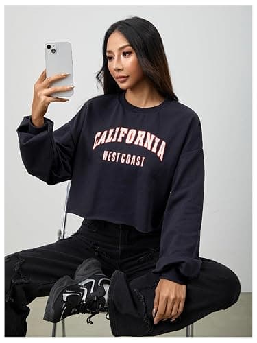 SweatyRocks Women's Casual Long Sleeve Crew Neck Letter Print Crop Top Sweatshirt thumbnail 5