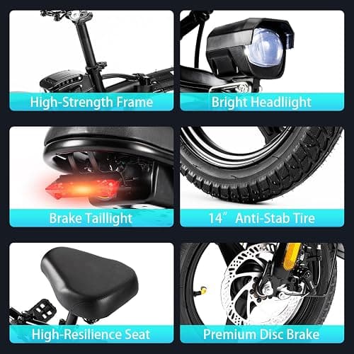Sportpules 500W Folding Electric Bike, 22MPH Large Removable Battery E-Bike, 14" Fat Tire Adult Electric Bicycles for Commute thumbnail 7