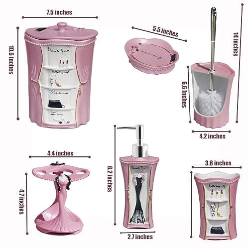 LUANT 6 PCS Bathroom Accessories Including Soap Dispenser, Soap Dish, Tumbler, Teethbrush Holder, Trash Can and Toilet Brush, Decoration for Girl's Bathroom, Countertop Oragnizer, Pink thumbnail 3