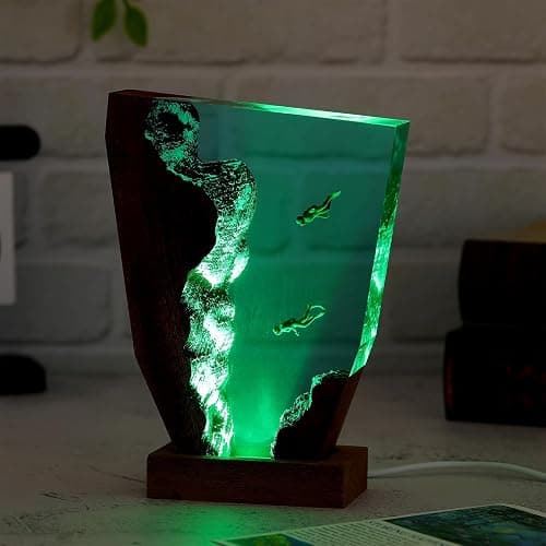 Drawelry Ocean Creative Epoxy Resin Wood Light Lamp, Handmade Multi Color Aquatic Ocean Lamp Deep Sea Diver Cave Diving Enthusiasts Led Night Light Desktop Decor Christmas Birthday Gift (Diving, S) thumbnail 3