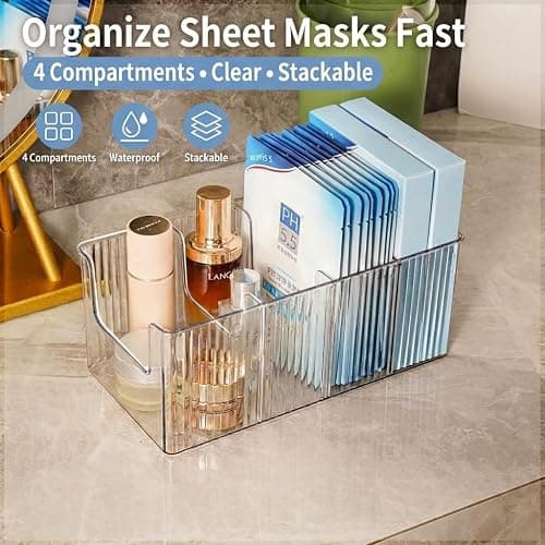 Imakmasion Face Mask Organizer, 4-Compartment Clear Plastic Sheet Mask Holder & Makeup Palette Storage, Vanity Storage Bin for Bathroom Counter, Cosmetic Organizer for Skincare, Eyeshadow & Brushes thumbnail 3