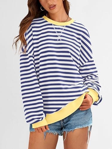 PRETTYGARDEN Womens Striped Oversized Sweatshirt Lightweight Fall Clothes | Stitching Crew Neck Sweatshirts Women, Long Sleeve Casual Loose Pullover Top, Color Block Y2K Outfits, Fashion Clothing thumbnail 4